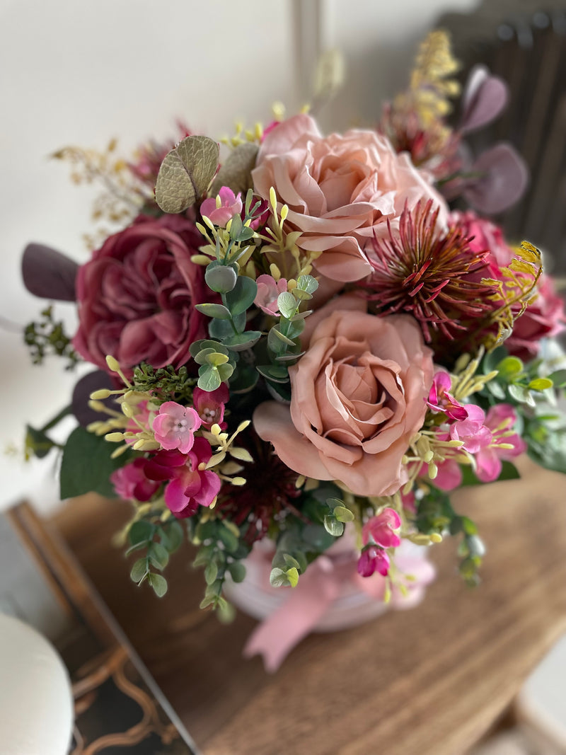 Large Filled Hat Box - Dark Pink Garden Rose