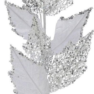 White Velvet Leaf Glitter Stem 76cm